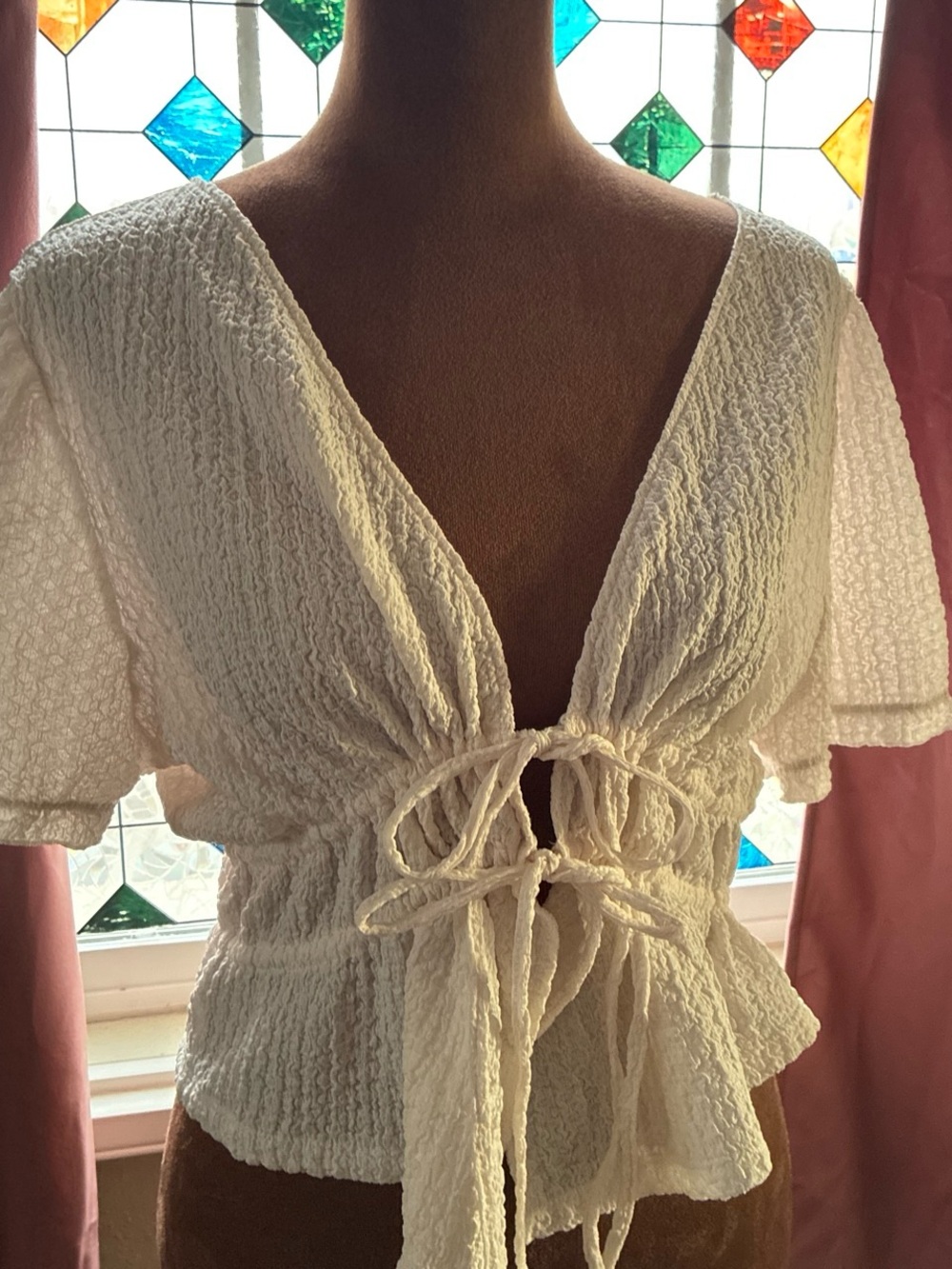 Divided Cream Textured Tie-Front Crop Top